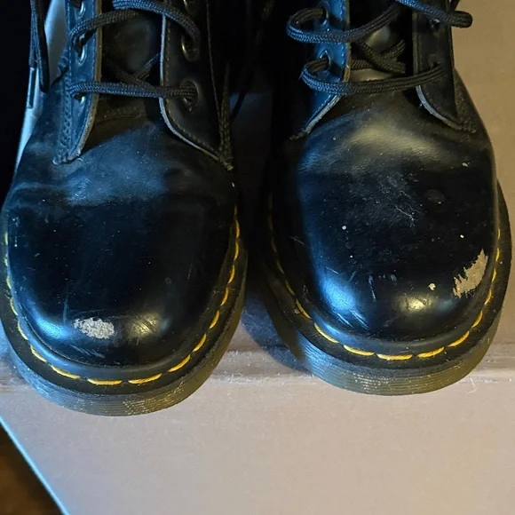 Dr. Martens Black Leather 8-Eye Lace-Up Boots with Yellow Stitching - Picture 3 of 9